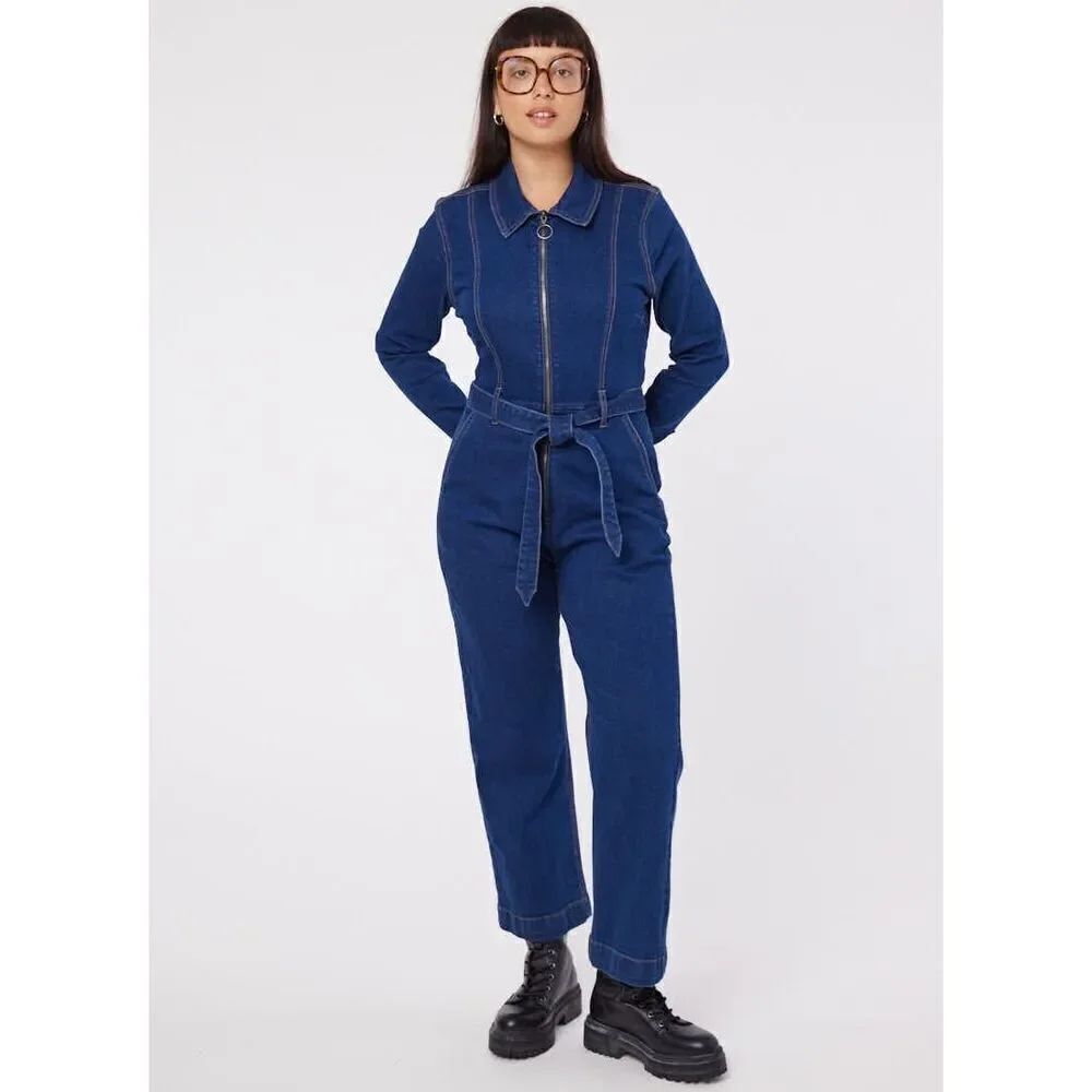 Womens Joanie Clothing MacDougal Indigo Denim Jean LS Jumpsuit Boilersuit Sz 14